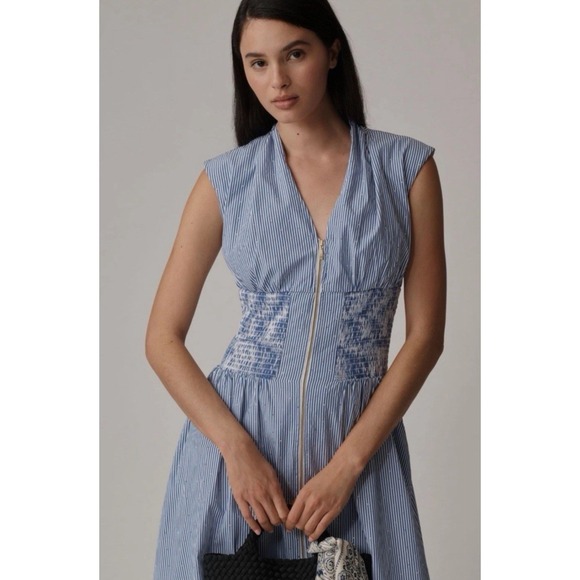 Anthropologie The Tommie Cap-Sleeve Smocked Front-Zip Shirt Dress Shine Sz S - Picture 5 of 11